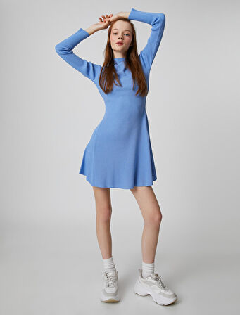 Triko Elbise Uzun Kollu Dik Yaka Fitilli