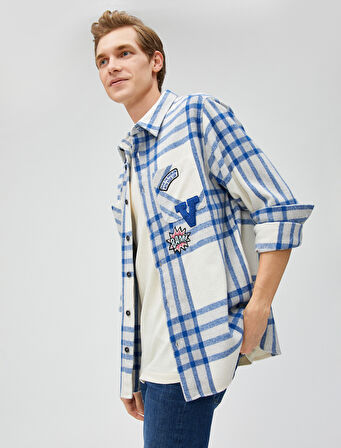 Ekoseli Kolej Gömlek Ceket İşlemeli Cep Detaylı Klasik Yaka