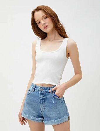 Kadın Giyim Basic Crop Atlet U Yaka Fitilli 3SAL30060IK Ekru