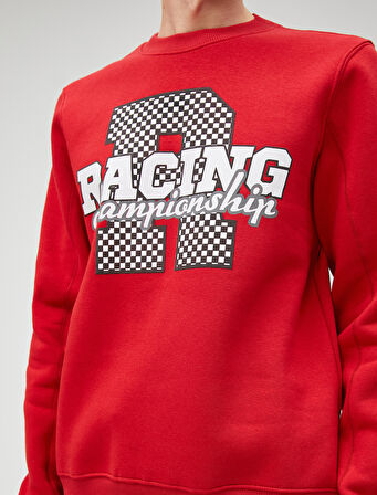 Yarış Temalı Sweatshirt Baskılı Bisiklet Yaka Uzun Kollu