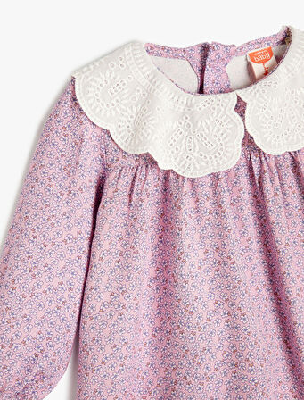 Elbise Çiçekli Bebe Yaka Uzun Kollu Manşetleri Lastikli