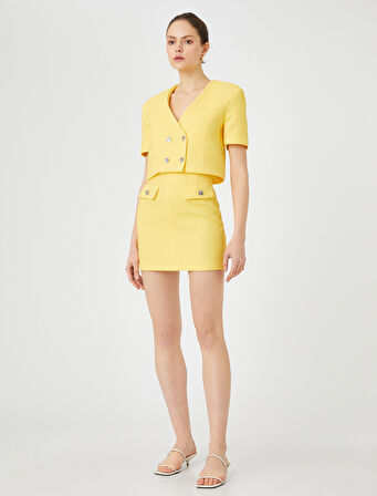 Kısa Tüvit Ceket Kısa Kollu Kruvaze Düğmeli V Yaka