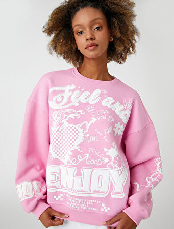 Bisiklet Yaka Sweatshirt Baskılı Uzun Kollu Ribanalı