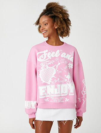Bisiklet Yaka Sweatshirt Baskılı Uzun Kollu Ribanalı