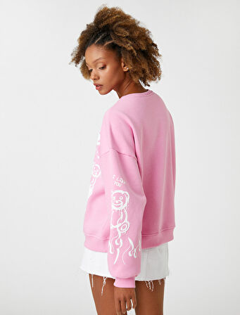Bisiklet Yaka Sweatshirt Baskılı Uzun Kollu Ribanalı