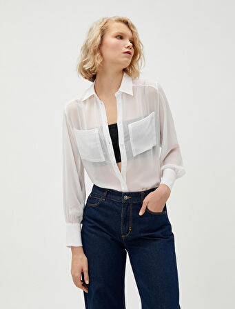 Transparan Gömlek Uzun Kollu Çift Cepli