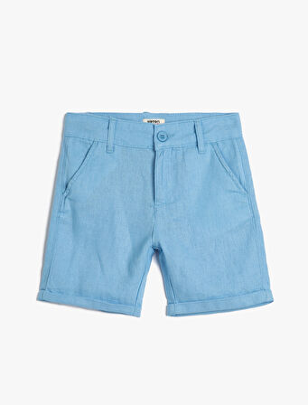 Keten Şort Düğmeli Cepli