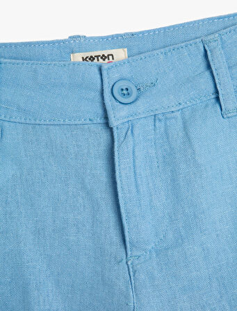 Keten Şort Düğmeli Cepli