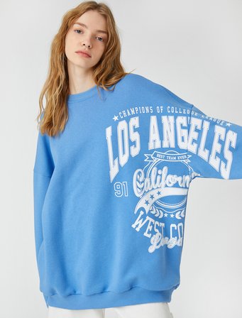 Şardonlu Bisiklet Yaka Sweatshirt Uzun Kollu Baskılı Rahat Kesim