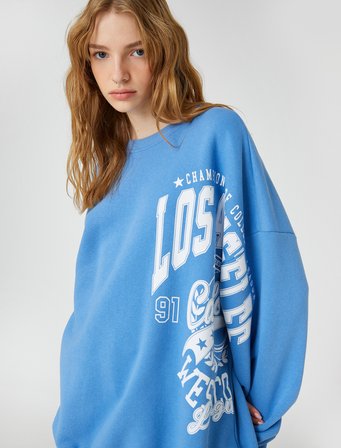 Şardonlu Bisiklet Yaka Sweatshirt Uzun Kollu Baskılı Rahat Kesim