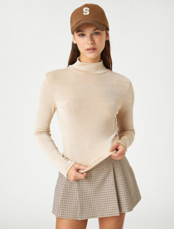 Uzun Kollu Tişört Crop Yarım Balıkçı Yaka Basic