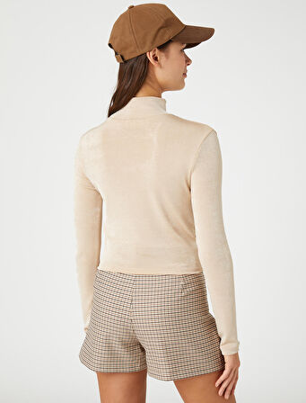 Uzun Kollu Tişört Crop Yarım Balıkçı Yaka Basic