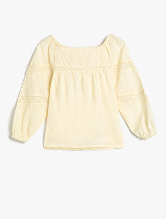 Bluz Uzun Kollu Çiçek İşlemeli Brodeli Manşetleri Lastikli Pamuklu