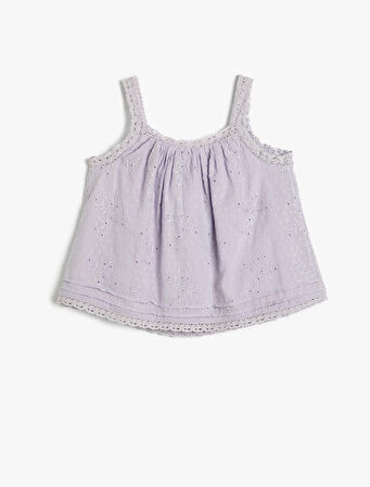 Askılı Bluz Çiçek Brodeli Düğmeli Pamuklu Astarlı