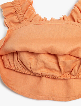 Keten Bluz Crop Düşük Omuz Fırfırlı