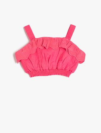 Keten Crop Bluz Slim Askılı Beli Lastikli Fırfırlı