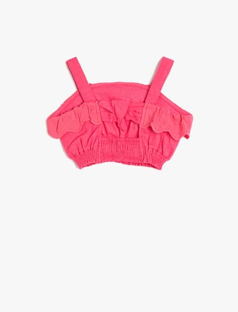 Keten Crop Bluz Slim Askılı Beli Lastikli Fırfırlı