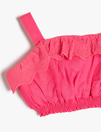 Keten Crop Bluz Slim Askılı Beli Lastikli Fırfırlı