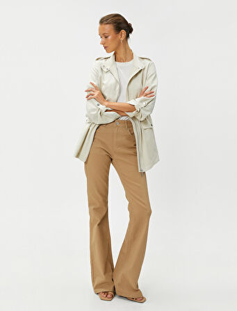 Apolet Detaylı Trençkot Fermuarlı Dik Yaka Cepli