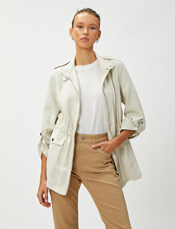 Apolet Detaylı Trençkot Fermuarlı Dik Yaka Cepli