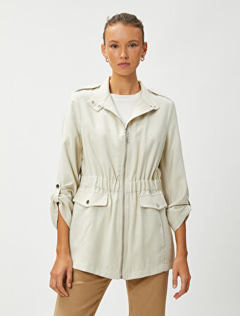 Apolet Detaylı Trençkot Fermuarlı Dik Yaka Cepli