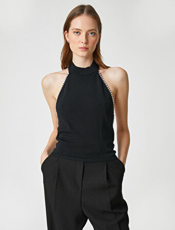 Triko Abiye Bluz Sırtı Açık Taşlı Halter Yaka