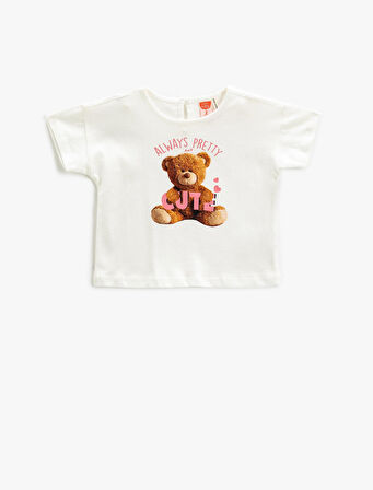 Kısa Kollu Tişört Bisiklet Yaka  Ayıcık Baskılı