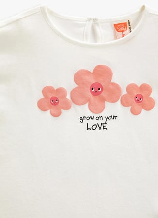 Koton Ekru Kız Bebek Bisiklet Yaka Kısa Kollu Baskılı T-Shirt 3SMG10102AK