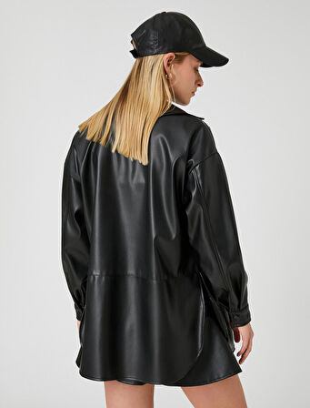 Suni Deri Gömlek Ceket Çıtçıtlı Yırtmaç Detaylı