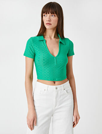 Polo Yaka Crop Tişört Uzun Kollu
