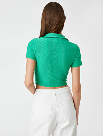 Polo Yaka Crop Tişört Uzun Kollu