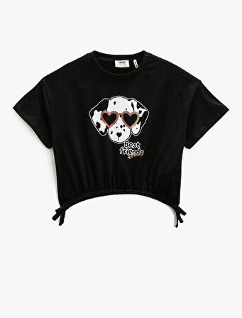 Kısa Kollu Crop Tişört Köpek Baskılı Beli Lastikli Bisiklet Yaka Simli Pamuklu