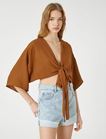 Crop Kimono Önden Bağlama Detaylı Geniş Kollu