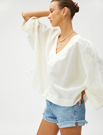 Oversize Bluz Keten Karışımlı V Yaka