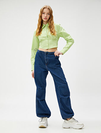 Crop Poplin Gömlek Uzun Kollu Beli Korseli Düğmeli Pamuklu