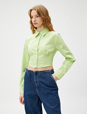 Crop Poplin Gömlek Uzun Kollu Beli Korseli Düğmeli Pamuklu