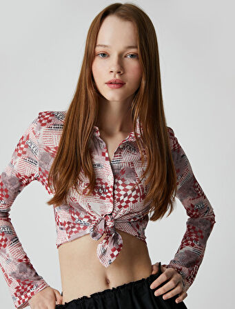 Uzun Kollu Tişört Gömlek Yaka Desenli Düğmeli