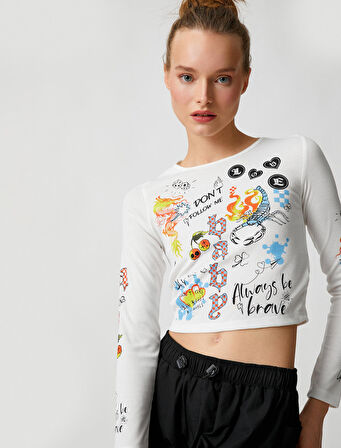 Crop Tişört Uzun Kollu Baskılı Bisiklet Yaka