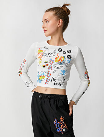 Crop Tişört Uzun Kollu Baskılı Bisiklet Yaka