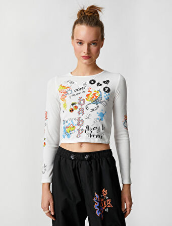 Crop Tişört Uzun Kollu Baskılı Bisiklet Yaka