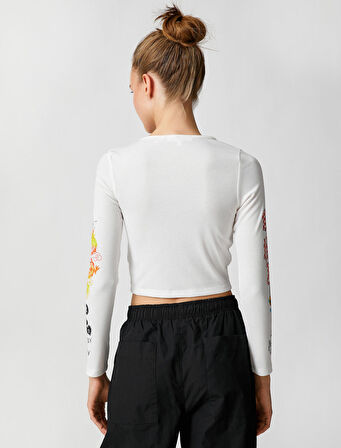 Crop Tişört Uzun Kollu Baskılı Bisiklet Yaka