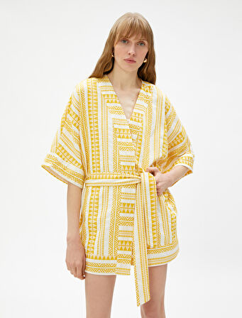 Etnik Desenli Kimono Kuşaklı Kısa Kollu
