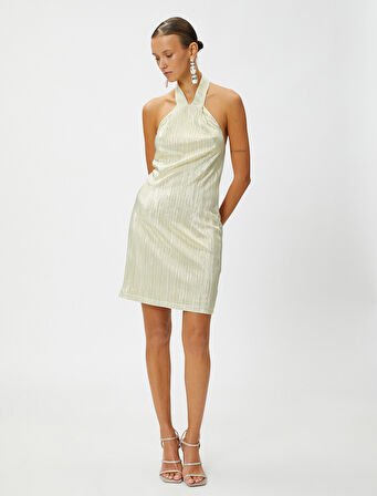 Pileli Piliseli Mini Elbise Halter Yaka