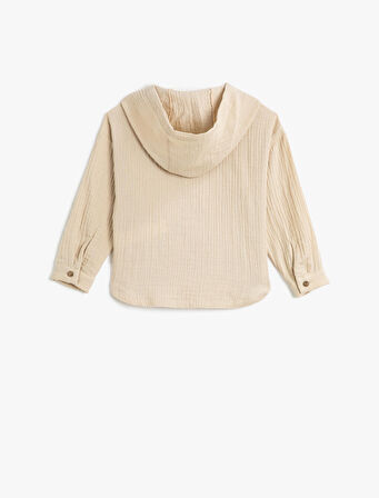 Müslin Sweatshirt Kapşonlu Uzun Kollu  Düğmeli Cepli