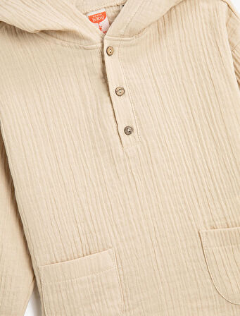 Müslin Sweatshirt Kapşonlu Uzun Kollu  Düğmeli Cepli