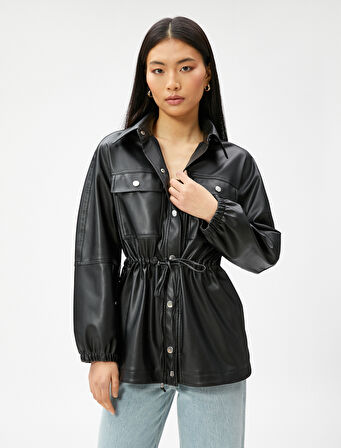 Suni Deri Ceket Cepli Beli Büzgülü