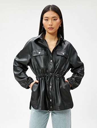 Suni Deri Ceket Cepli Beli Büzgülü