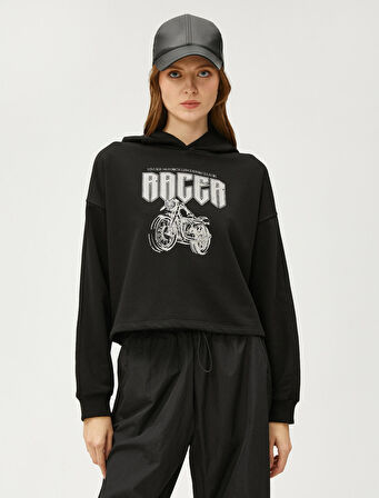 Crop Sweatshirt Kapüşonlu Baskılı