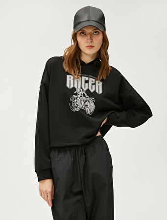 Crop Sweatshirt Kapüşonlu Baskılı