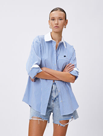 Kontrast Detaylı Gömlek Uzun Kollu Pamuklu